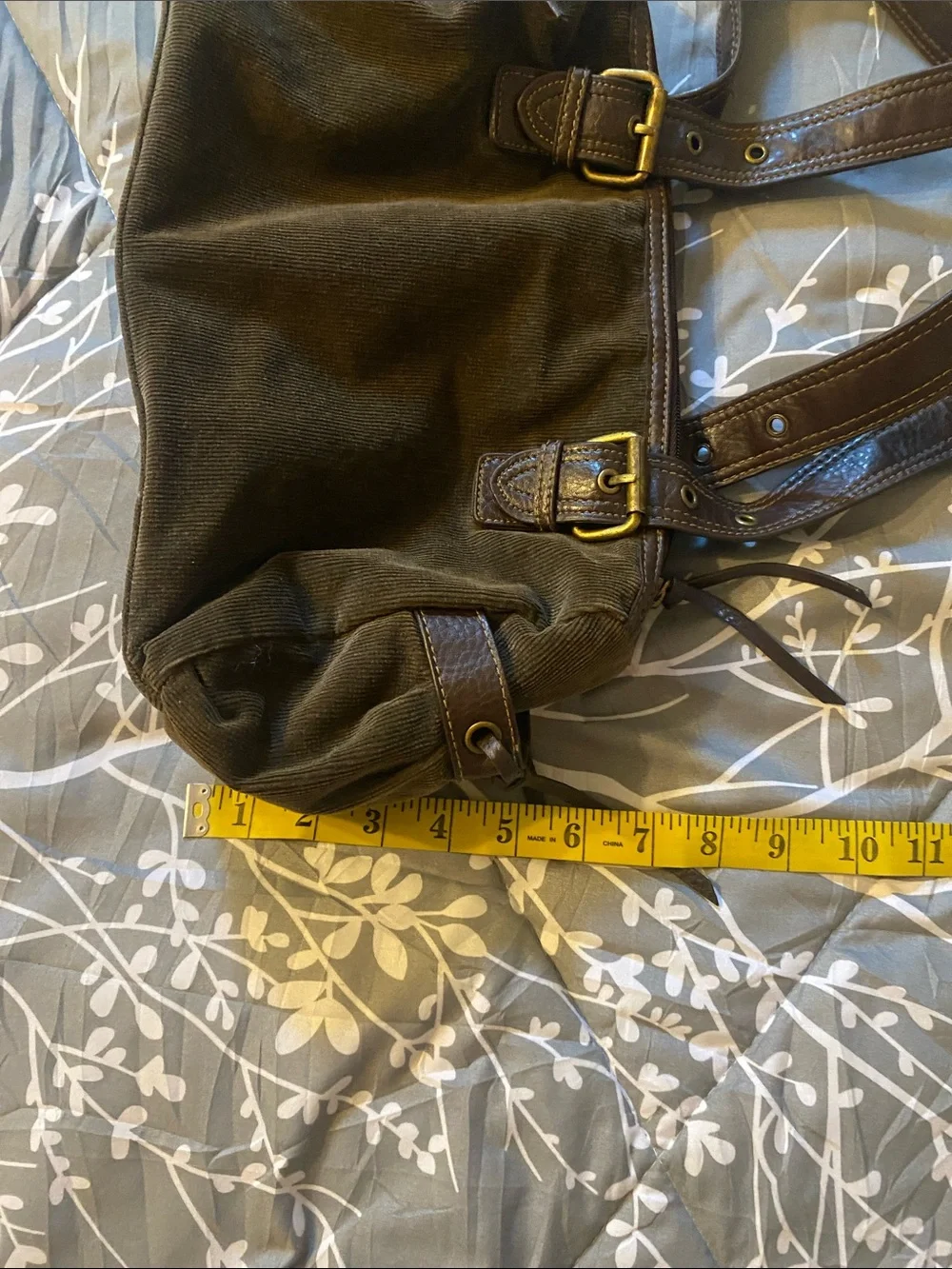Corduroy and Faux-Leather Olive Green Small Shoulder Bag